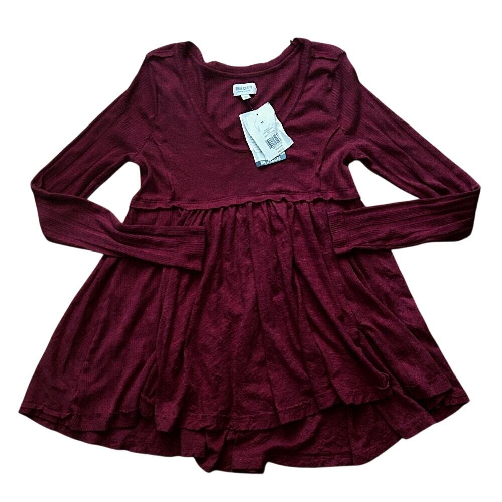 NWT True Craft Long-Sleeve Ribbed Babydoll Burgundy Red Top Medium